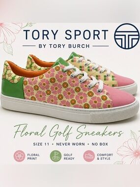Tory Sport Tory Burch Floral Golf Sneaker Bubblegum Pink Green Size 111 NWOT